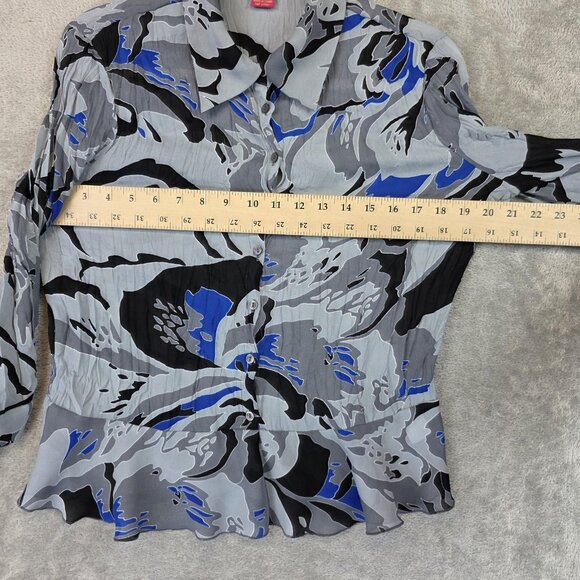 Sunny Leigh Shirt Womens Medium Gray Blue Abstract Pleated Button Front Blouse - Picture 5 of 8